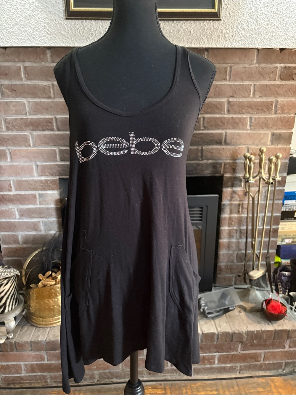 bebe Black Rhinestone Logo Tank Mini Dress